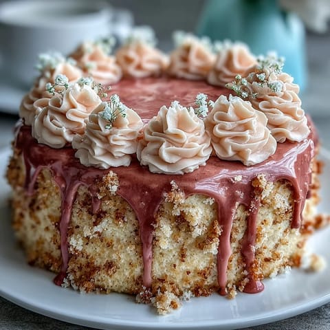 Elegant bridal shower rosé velvet cake with blush-pink layers and creamy frosting, topped with shimmering gold drip for a stunning celebration centerpiece.  