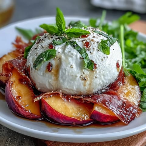 A vibrant summer salad with burrata, juicy peaches, prosciutto, and arugula, finished with olive oil.