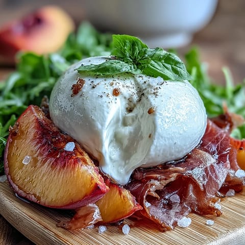 Creamy burrata, sweet ripe peaches, and salty prosciutto atop fresh greens with balsamic glaze drizzle.