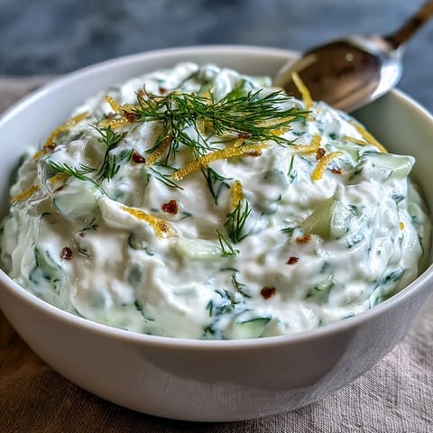 Creamy Greek Skyr Tzatziki with fresh dill, perfect as a refreshing veggie dip.