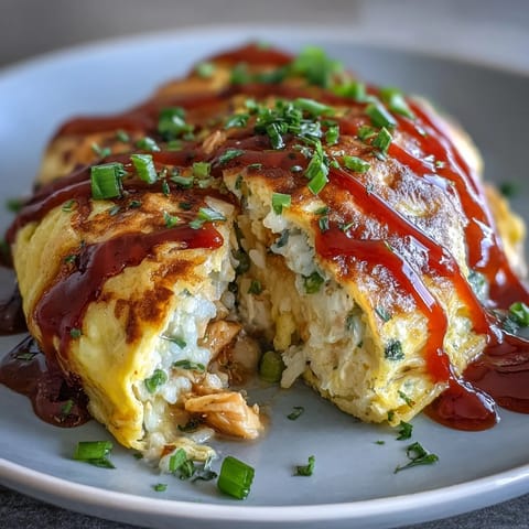 Japanese Omurice with fluffy egg and sweet ketchup drizzle, a comforting meal.