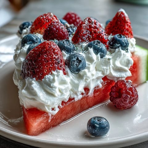 Juicy watermelon pizza with fresh berries, a delicious summer dessert treat.