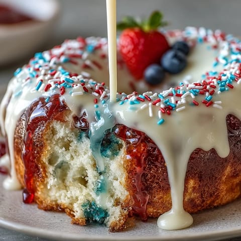 Vibrant Patriotic Poke Cake topped with luscious white chocolate ganache.