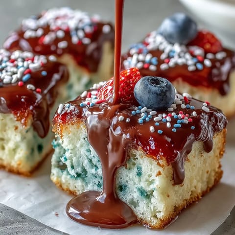 Festive red, white, and blue poke cake with creamy ganache ready for celebration.