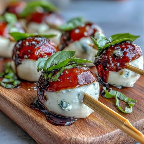 Mini Caprese Salad Skewers with refreshing basil and sweet balsamic glaze.