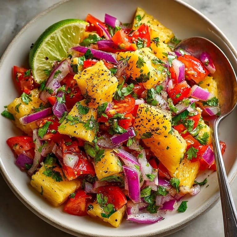 A close-up view of homemade Mild Pineapple Habanero Salsa, perfect for dipping tortilla chips.