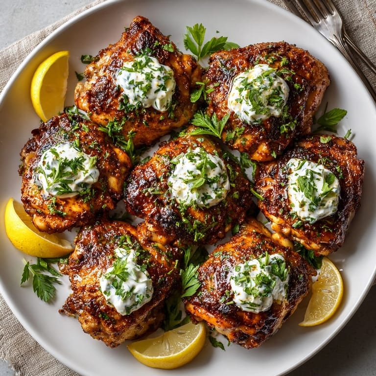 Juicy, flavorful spicy Harissa chicken thighs with a dollop of creamy cumin yogurt, ready to be devoured.