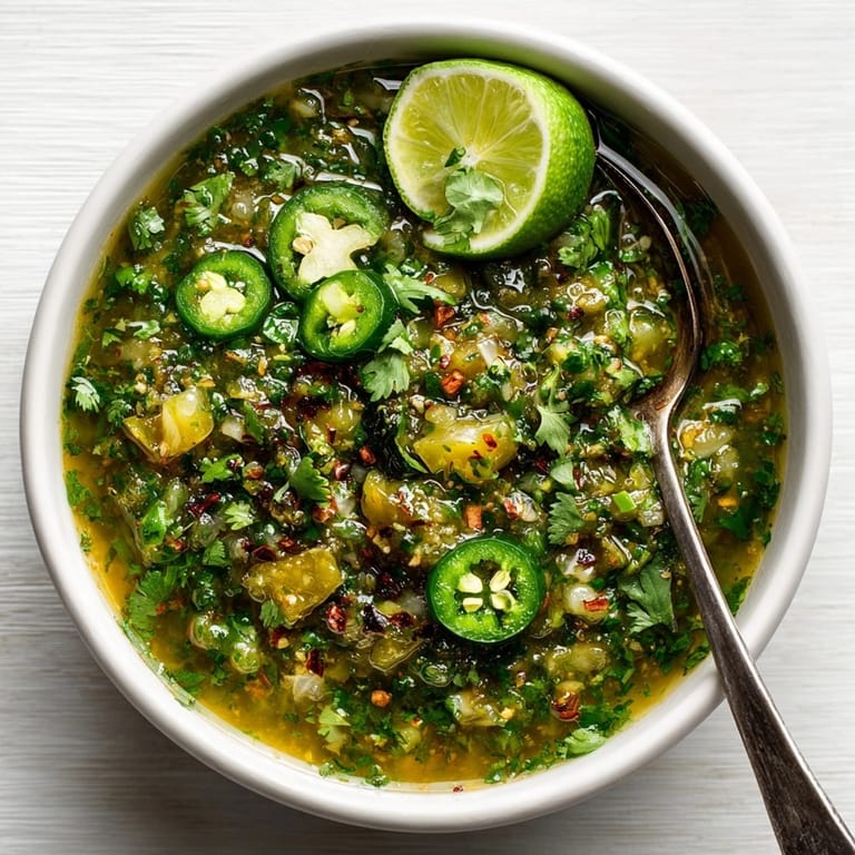 Homemade, zesty Tomatillo-Poblano Green Salsa with a hint of spice; a classic, easy Mexican recipe.