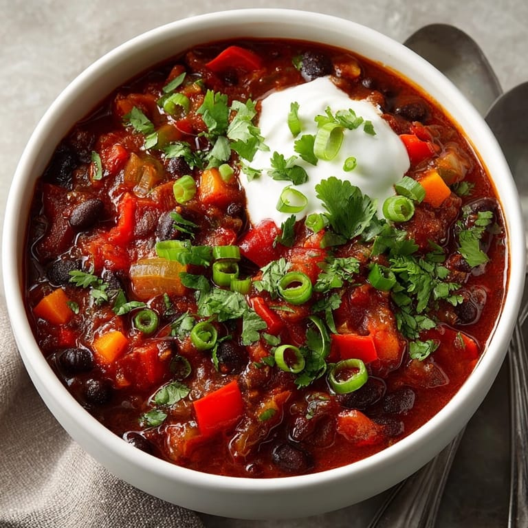 Close-up of a rich, dark Smoky Ghost Pepper Chili with Black Beans, perfect for dinner.