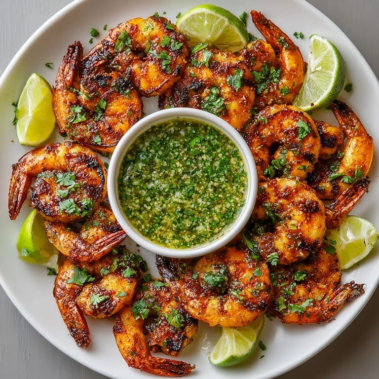 Tender Chili Lime Grilled Shrimp with cilantro sauce, ready to eat with a squeeze of fresh lime.