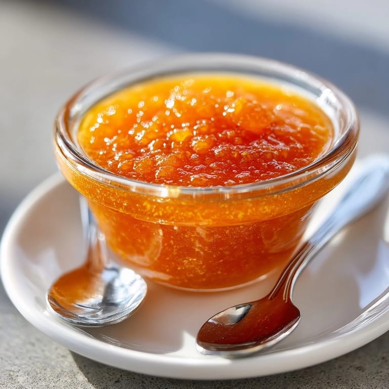 Close-up of a beautifully blended Mango and Serrano Hot Sauce, ready to elevate your meals with flavor.