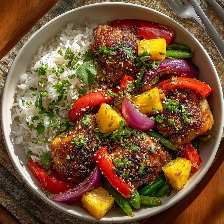 Golden-brown Hawaiian Sheet Pan Chicken with colorful vegetables ready for a delicious, easy weeknight meal.