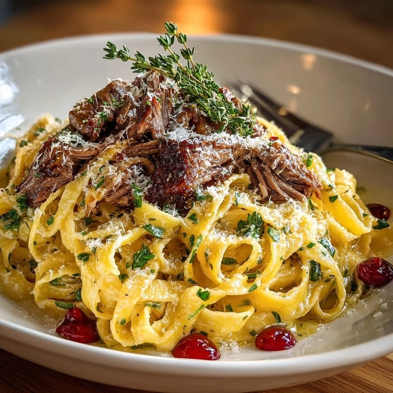 Silky tagliatelle with shredded duck confit, topped with sweet cherry gastrique, is a gourmet pasta.
