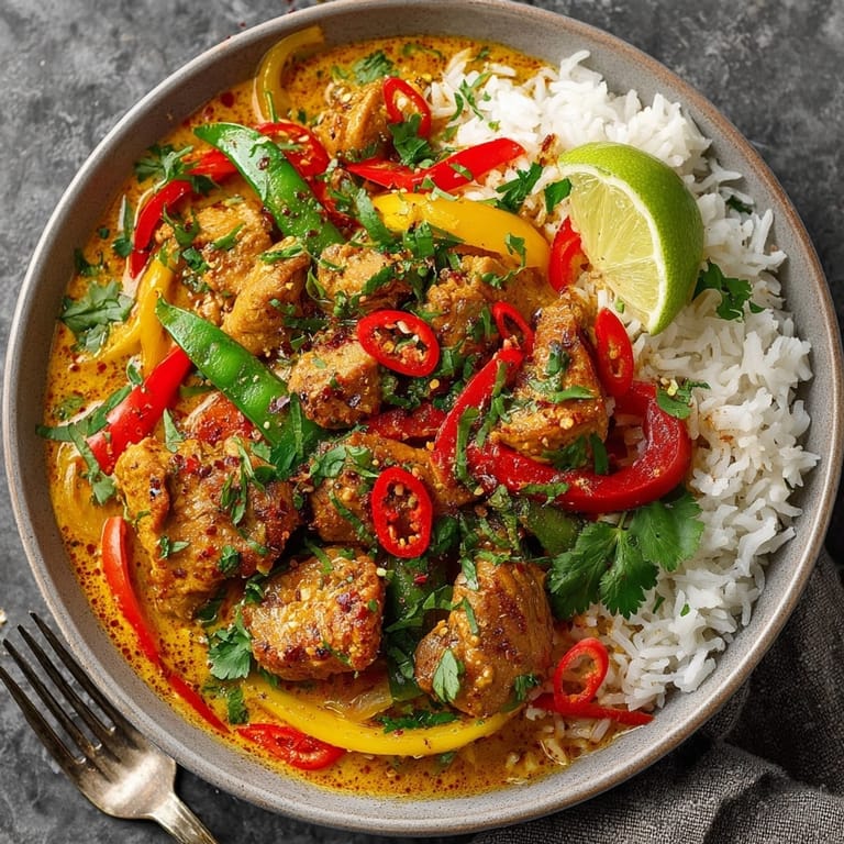 Creamy Thai Curry Coconut Chicken with vibrant bell peppers and snow peas in a savory sauce