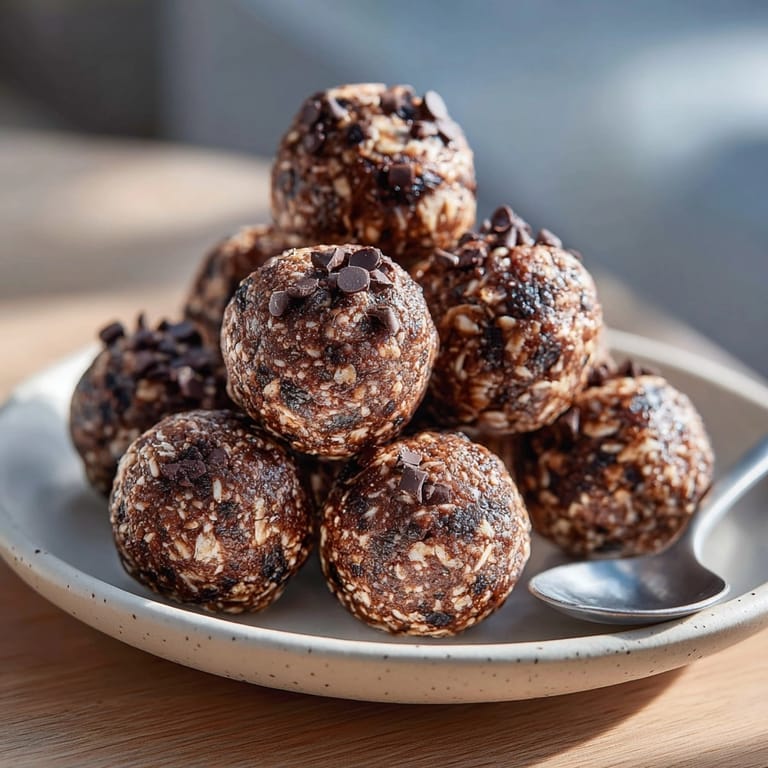 Close-up of chocolate protein energy bites showing chewy oats and glossy chocolate chips inside.