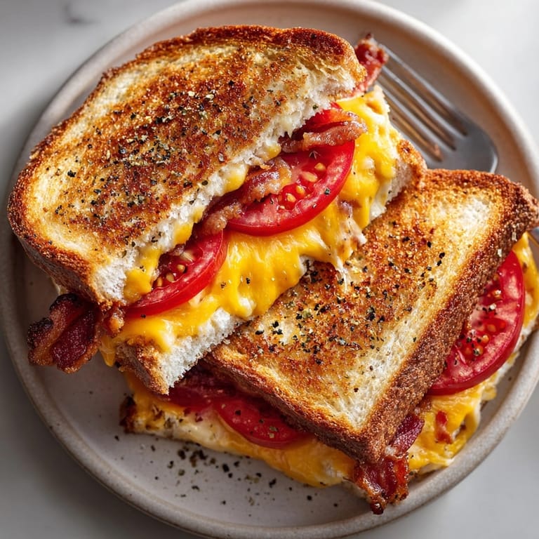 Golden-brown grilled cheese with bacon and tomato served hot, showcasing melted cheese and juicy tomato slices.