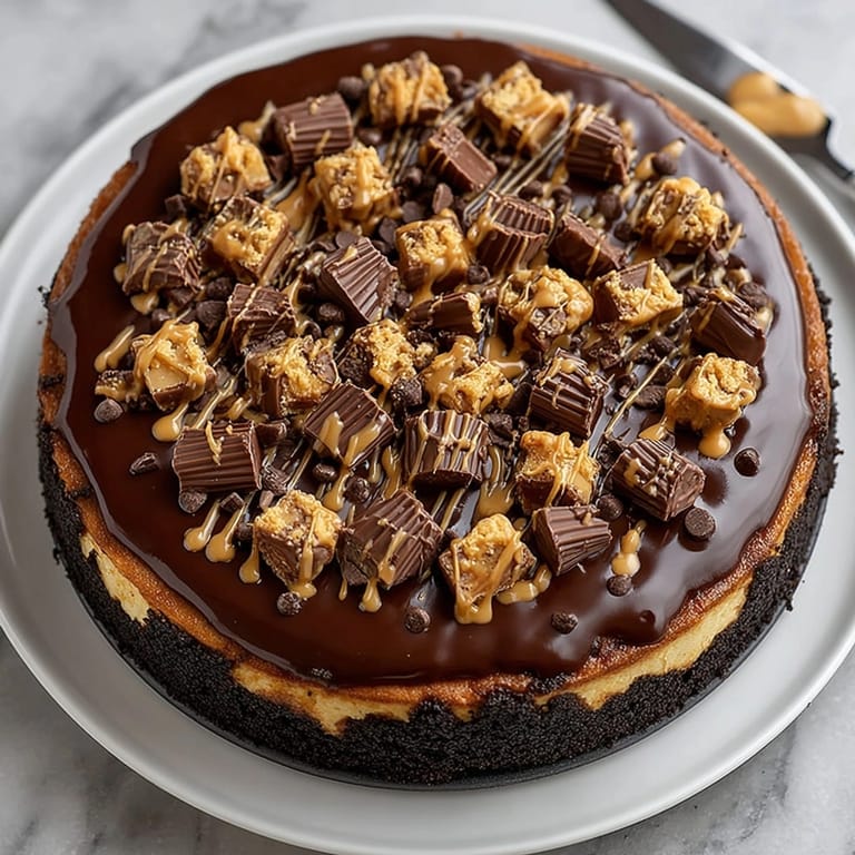 Freshly baked Peanut Butter Cup Cheesecake chilled and served with peanut butter cups and glossy chocolate drizzle.
