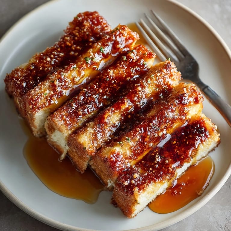 Slices of Overnight Cr&egrave;me Br&ucirc;l&eacute;e French Toast in a baking dish, broiled to perfection for brunch gatherings.