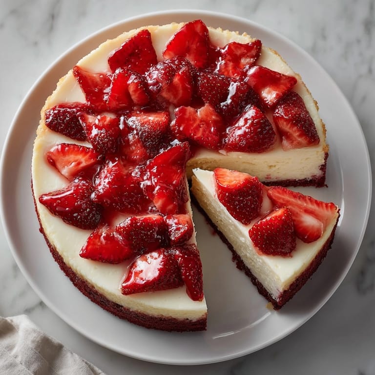 Vibrant Strawberry Red Velvet Cheesecake served chilled, showcasing luscious layers and juicy berry topping.