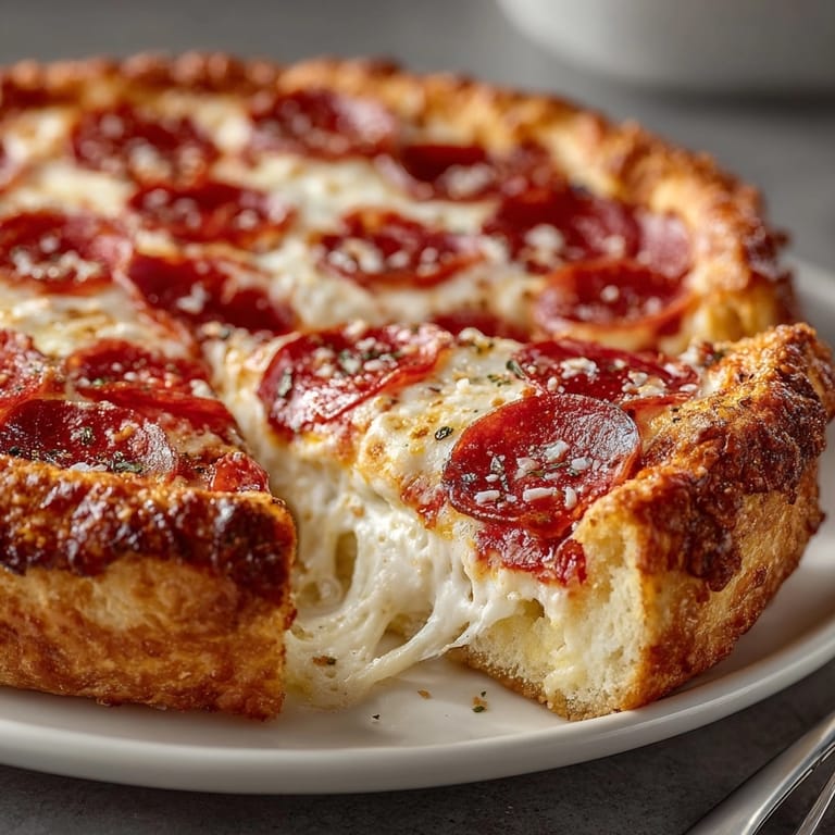 Sliced stuffed crust pepperoni pizza served hot, showcasing bubbly cheese, zesty sauce, and savory pepperoni.