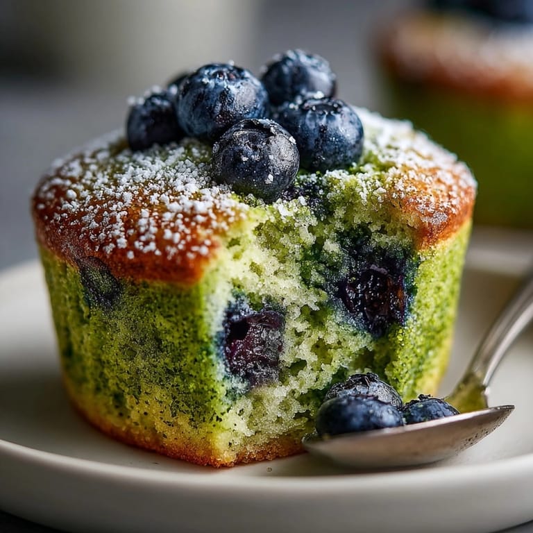 Close-up of moist Matcha Blueberry Muffins bursting with juicy blueberries, ready for breakfast.
