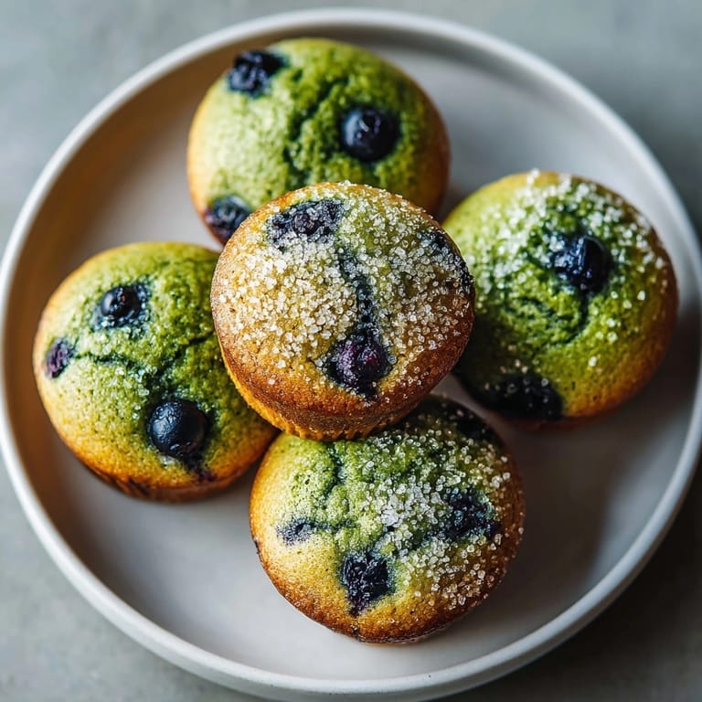 Golden Matcha Blueberry Muffins with crunchy sugar topping, served warm on a rustic plate.