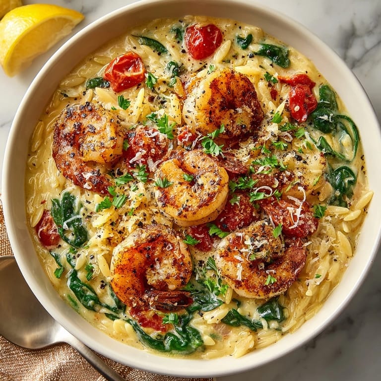 Golden Cheesy Shrimp Orzo Bowl with plump shrimp and vibrant spinach—easy, delicious, pescatarian.