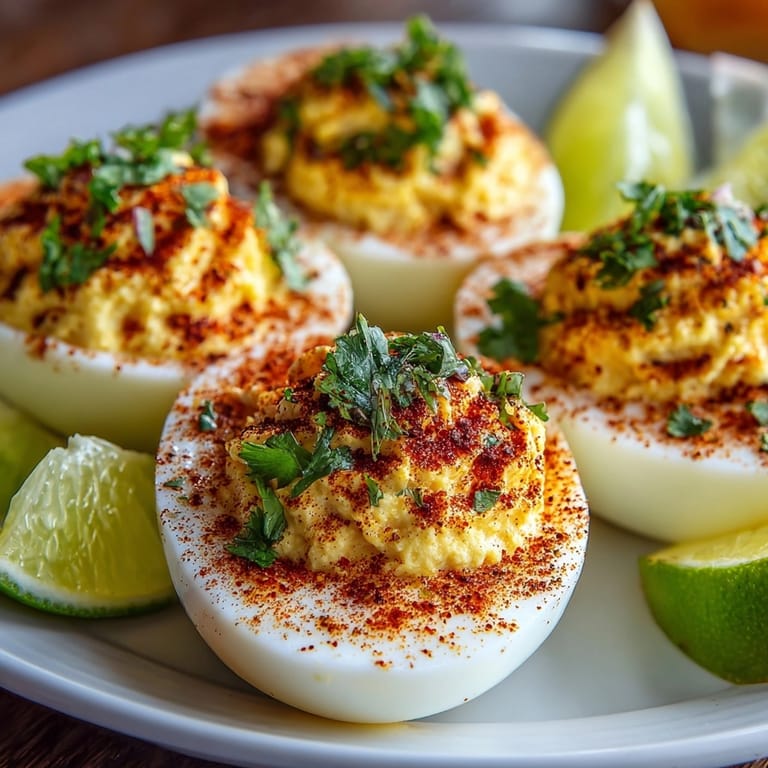 Homemade Taj&iacute;n Deviled Eggs with a zesty Taj&iacute;n and cilantro garnish; fresh and delicious.