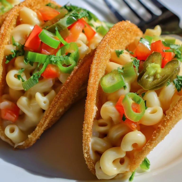Close-up: Baked Mac and Cheese Parmesan Tacos with vibrant green onion and tomato toppings.
