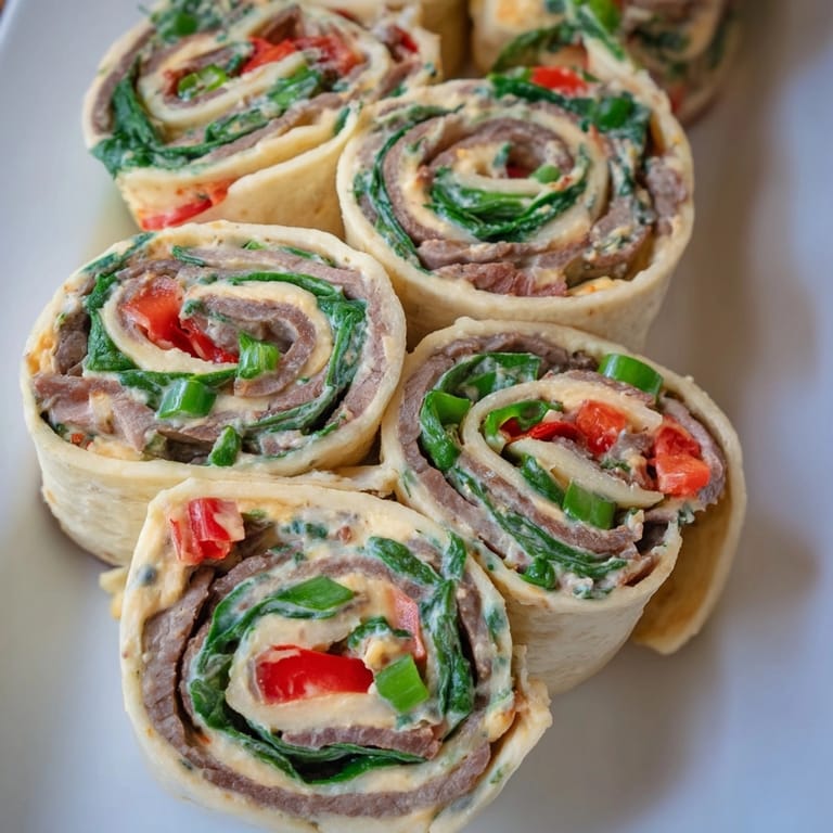 Creamy Cajun Roast Beef Pinwheel Rolls recipe; appetizer of flavors, colorful vegetables visible.