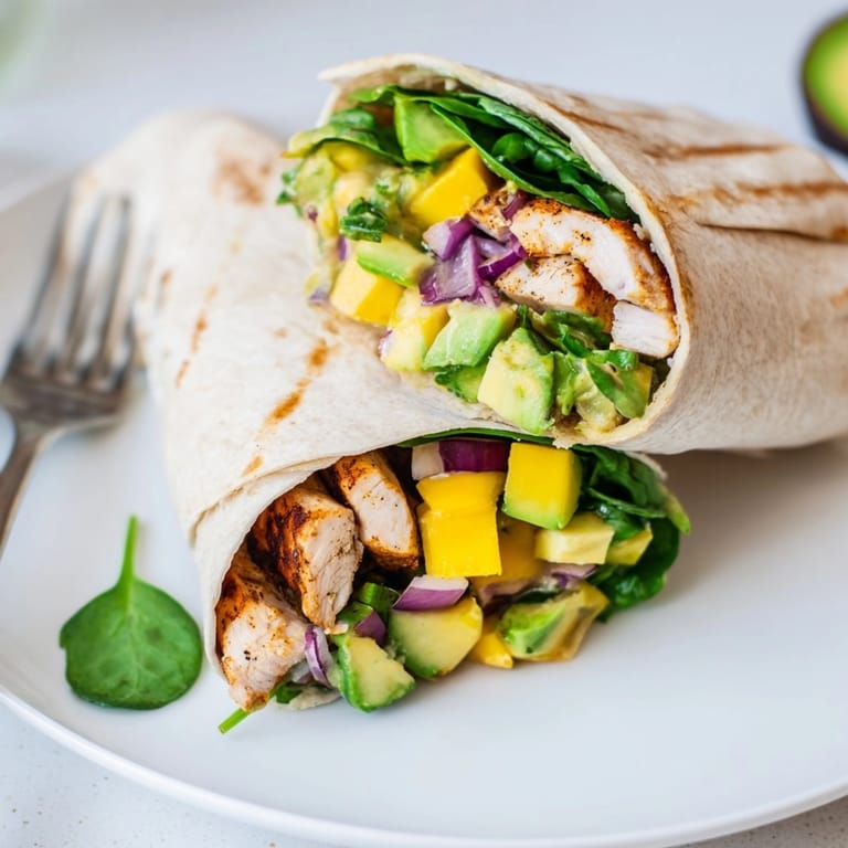 Easy Mango Avocado Chicken Wraps recipe: Juicy chicken, sweet mango, and creamy avocado filling.