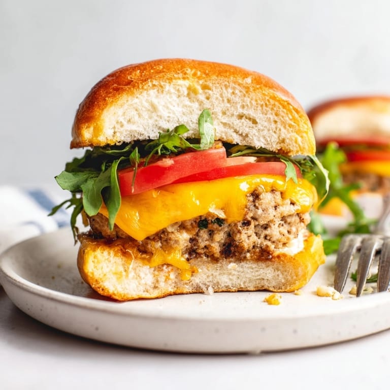 Stacked Garlic Butter Turkey Burger Sliders, a flavorful melted cheese and fresh tomato bite.
