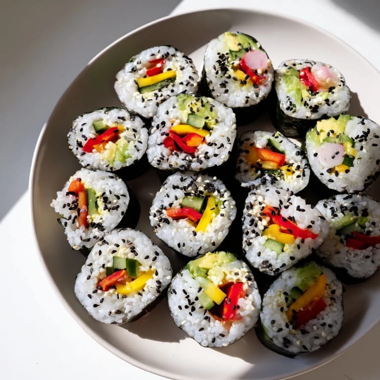 Artfully arranged Festive Holiday Snack Sushi Rolls showcasing seasonal vegetables and sesame seeds.