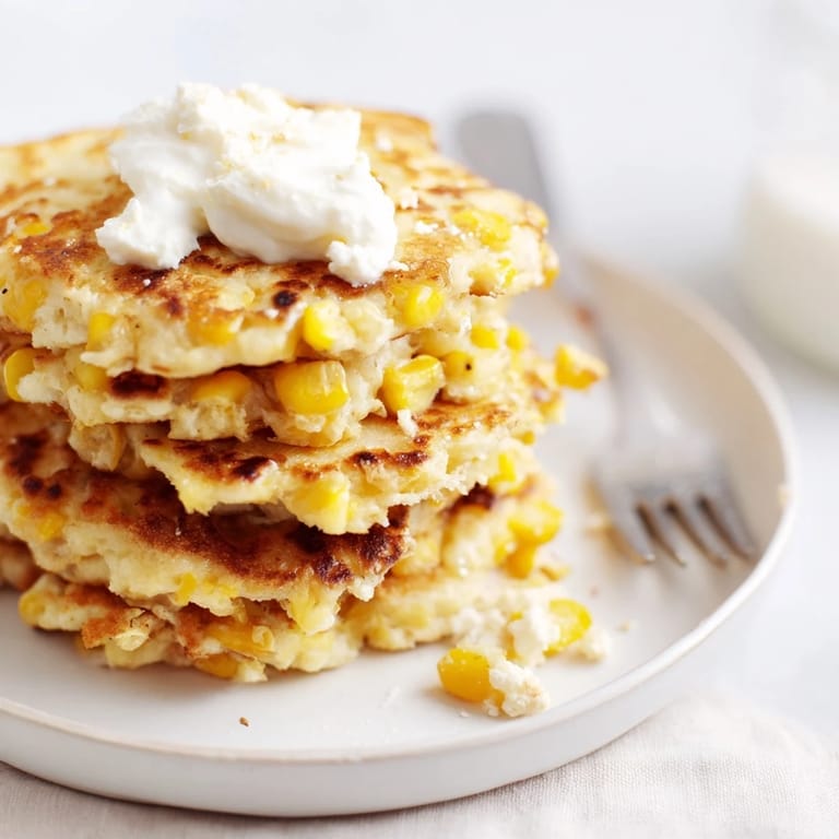 Golden brown Savory Corn and Feta Pancakes bursting with flavor and texture.  