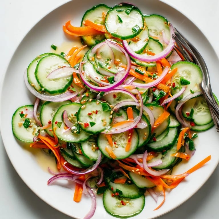 Crunchy cucumber salad remix topped with sesame seeds for an inviting garnish.