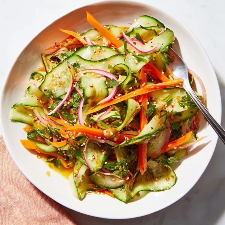 Vibrant cucumber salad remix with colorful veggies and a zesty dressing.  