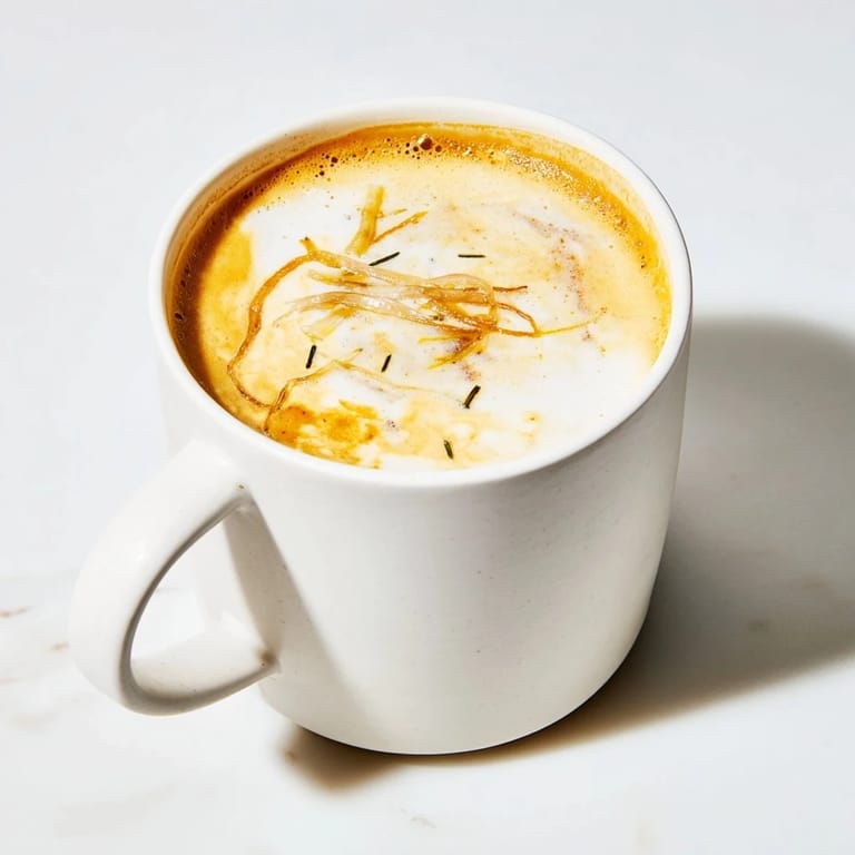 Creamy onion latte drizzled with honey, combining sweet caramelized onions and espresso flavors.  