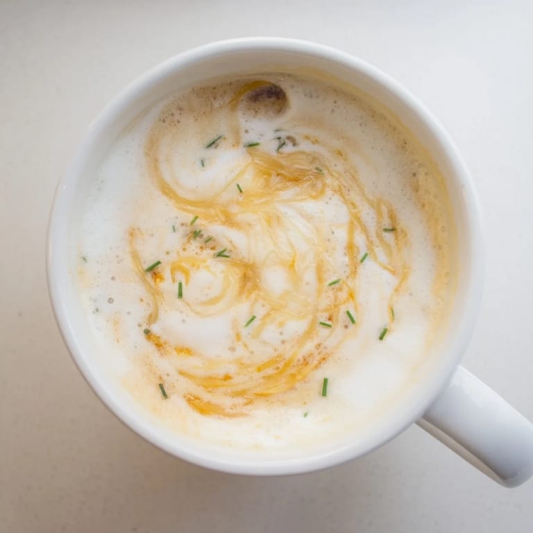 Gourmet onion latte featuring deep caramelized onions, served warm with a frothy finish.