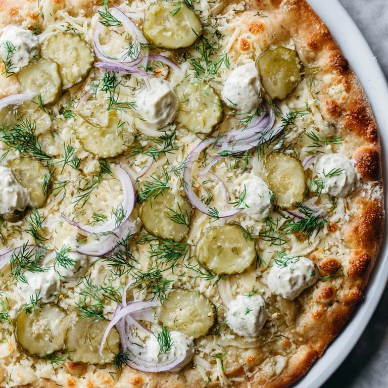 Savor a slice of pickle pizza featuring rich crème fraîche and golden crust.
