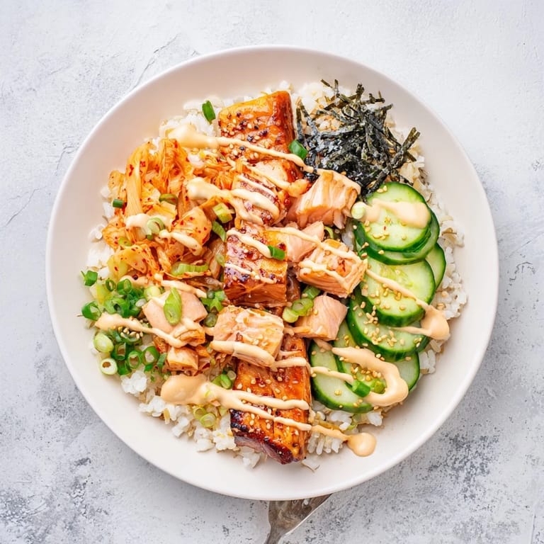 Deliciously crispy salmon layered over fluffy rice, garnished with fresh vegetables.  