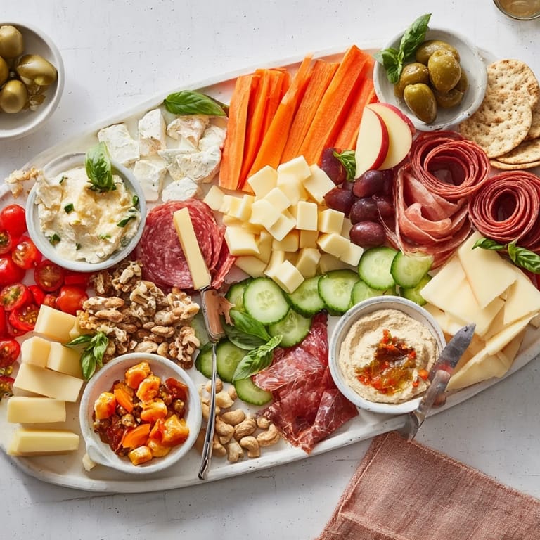 Delicious Girl Dinner Platter showcasing vibrant fruits, cheeses, and tasty dips.
