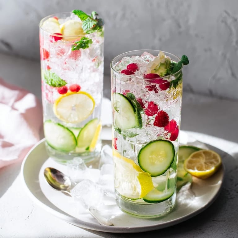 Hydrating water-based mocktails served with ice, showcasing colorful fruit and mint.