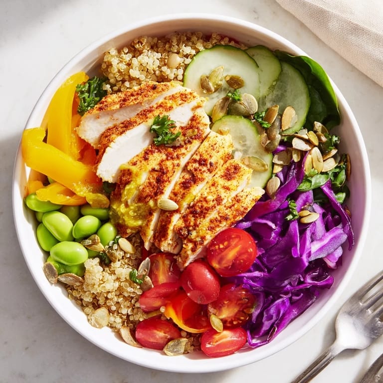 Healthy Meal-Prep Bowls featuring quinoa layered with fresh vegetables and zesty dressing.