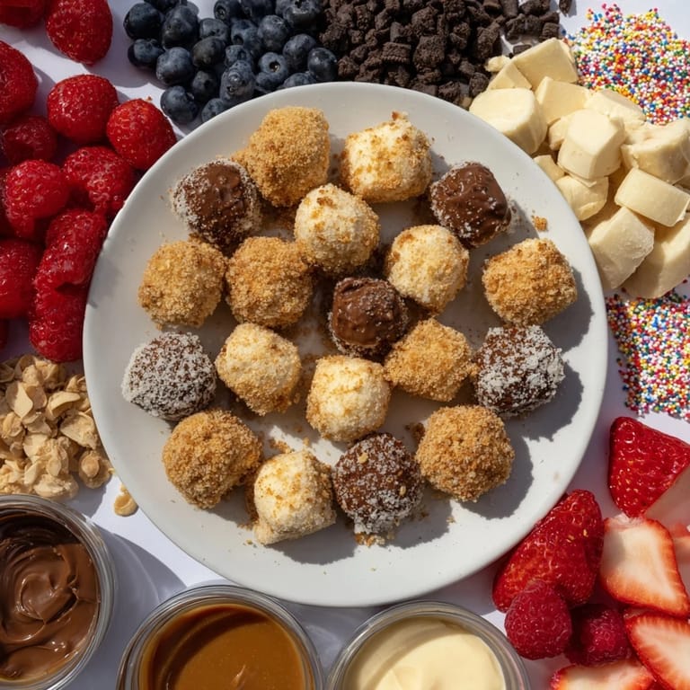 Cheesecake bites on a stunning board, ready for drizzles and customizable toppings galore.