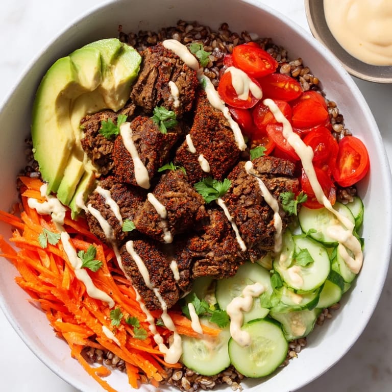 Vibrant plant-based meat bowl featuring quinoa, avocado, and zesty lime wedges.  