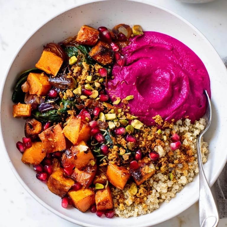 Enjoy warm spiced winter bowls topped with crunchy pistachio-maple crumble and greens.  