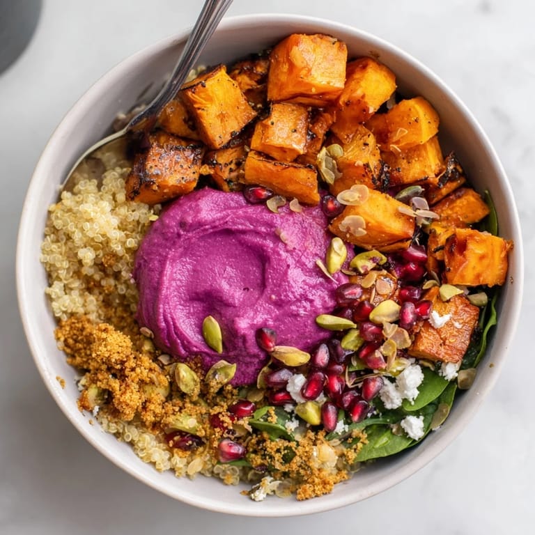 Cozy spiced winter bowls featuring roasted sweet potatoes, sprinkled with pomegranate seeds.