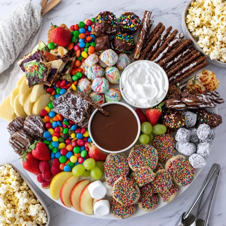 Indulge in this stunning dessert board filled with cookies, chocolates, and fruits.