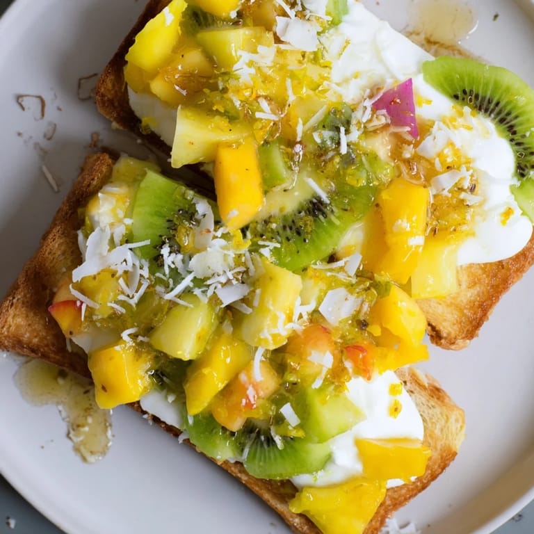 Delicious yogurt-custard toast featuring mango and pineapple, perfect for breakfast delights.  