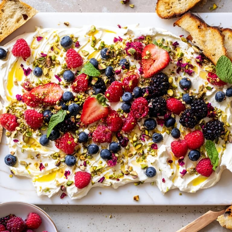 Delightful Butter Board Dessert with creamy cheese, berries, and crunchy toppings on bread.